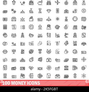 set di 100 icone di denaro. Illustrazione di contorno di 100 icone di denaro set vettore isolato su sfondo bianco Illustrazione Vettoriale