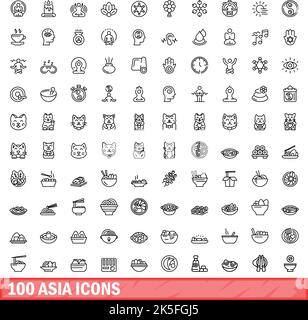 100 set di icone asiatiche. Illustrazione di 100 icone asiatiche set di vettori isolati su sfondo bianco Illustrazione Vettoriale