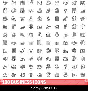 100 icone business impostate. Illustrazione di un vettore di 100 icone business isolato su sfondo bianco Illustrazione Vettoriale