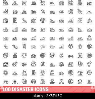 100 icone di emergenza impostate. Illustrazione di un vettore di 100 icone di disastro isolato su sfondo bianco Illustrazione Vettoriale