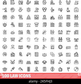100 icone di legge impostate. Illustrazione del contorno di 100 icone di legge vettore set isolato su sfondo bianco Illustrazione Vettoriale