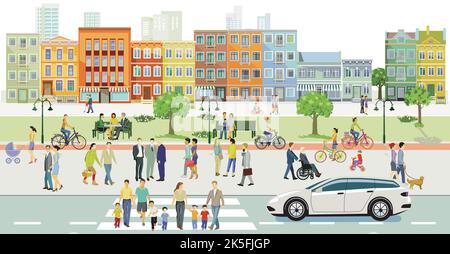 Silhouette della città con pedoni nel quartiere residenziale, illustrazione silhouette della città con pedoni nel quartiere residenziale, illustrazione Illustrazione Vettoriale