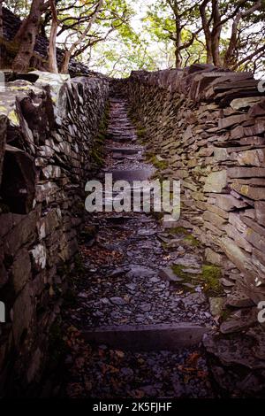 Percorso per Dinorwic disusato Slate Quarry, Llamberis, Gwynedd, Galles Foto Stock