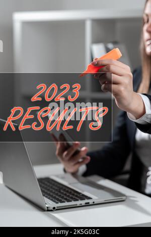 Didascalia concettuale 2023 risultati. Concetto aziendale qualsiasi risultato di un'azione o di un evento che si verifica nel 2023 Foto Stock