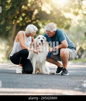 Passeggiata con i cani, natura e coppia anziana camminando insieme il loro animale domestico per fare esercizio su una strada in Germania. Uomo e donna anziani felici, calmi e sani Foto Stock