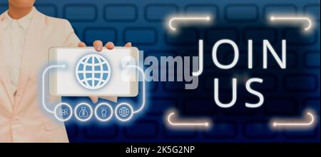 Mostra segni Unisciti a noi. Word for Register in Community Team o blog Iscriviti ai social media Foto Stock