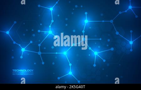 Tecnologia sfondo astratto con struttura molecolare atomi, dna o rete di neuroni. Innovazione tecnologica, ricerca medica, scientifica e genetica Illustrazione Vettoriale