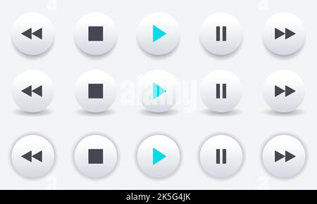 Icone del lettore multimediale impostate. Pulsanti per il controllo di un lettore audio video o musicale. Confezione volumetrica bianca con 3D pulsanti isolati. Riproduci, Interrompi, pausa, successivo, rew Illustrazione Vettoriale