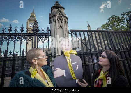 Londra, Regno Unito. 8th ottobre 2022. Libera Assange catena umana. Centinaia di sostenitori di Julian Assange e della libertà di stampa si riuniscono per formare una catena di proteste nei pressi degli edifici del Parlamento. Assange rimane nella prigione di Belmarsh a Londra, dove è detenuto dall'aprile 2019. Gli avvocati di Assange sostengono che egli sia “perseguito e punito per le sue opinioni politiche”. Credit: Guy Corbishley/Alamy Live News Foto Stock