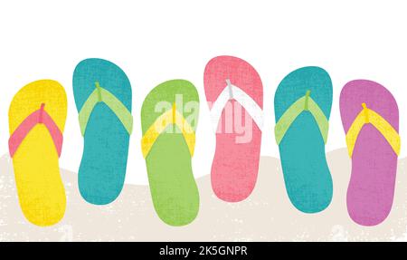 Una fila di infradito casuale colorato, in uno stile di carta tagliato con texture Illustrazione Vettoriale