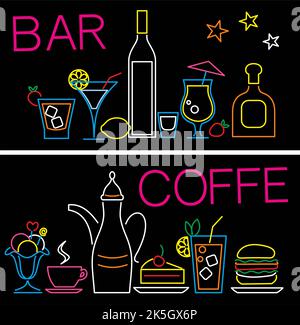 bottiglie e bicchieri sul banco bar, neon su sfondo nero Illustrazione Vettoriale