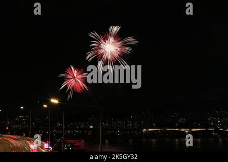 Seul, Corea del Sud. 8th Ott 2022. I fuochi d'artificio illuminano il cielo durante il 2022° Festival Internazionale dei fuochi d'artificio di Seoul, Corea del Sud, 8 ottobre 2022. Credit: Wang Yiliang/Xinhua/Alamy Live News Foto Stock