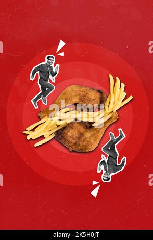 Immagine collage verticale della persona eccitata overjoyed effetto bianco nero che corre pollo fritto patata francese isolato su sfondo rosso Foto Stock