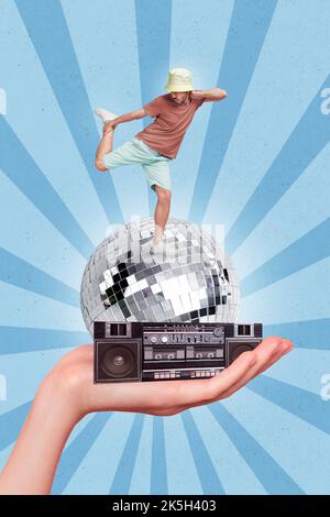 Foto creativa 3D collage poster cartolina illustrazione di felice funky divertente persona ballare hip hop isolato su sfondo disegno Foto Stock