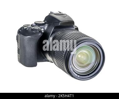 Fotocamera reflex digitale isolata su sfondo bianco. Foto Stock