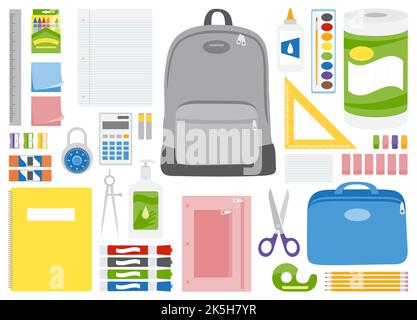 Un set di forniture scolastiche, di ritorno a scuola e articoli per ufficio. Isolato su sfondo bianco. Illustrazione Vettoriale