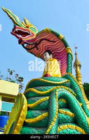 Statua del Buddha di Myanmar seduto sul drago verde birmano. Foto Stock