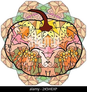 Illustrazione Vector Pumpkin, verdura disegnata a mano in stile zentangle, totem tribale per tatuaggio Illustrazione Vettoriale