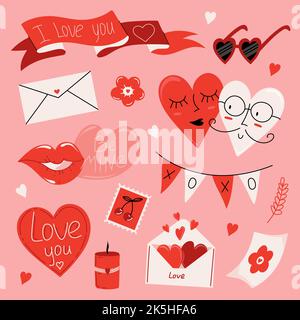 Carino set romantico per San Valentino. Illustrazione Vettoriale