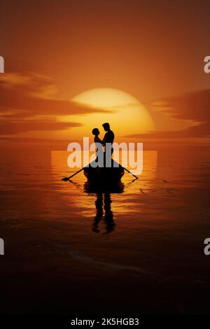 Silhouette di amanti su una barca al tramonto. Illustrazione 3D Foto Stock