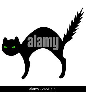 Cat. Occhi verdi. L'animale spaventato si insidì. Silhouette. Illustrazione vettoriale. Delineare su uno sfondo isolato. Stile piatto. Animale domestico della strega. Illustrazione Vettoriale