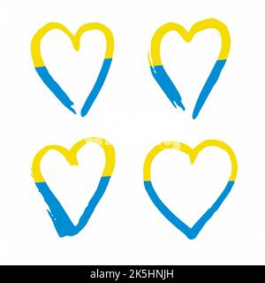 Icone a forma di cuore nei colori blu e giallo. Il concetto di supporto dell'Ucraina. Fermare la protesta di guerra. Set di simboli di cuore disegnati a mano per il tuo disegno patriottico. Vettore Illustrazione Vettoriale