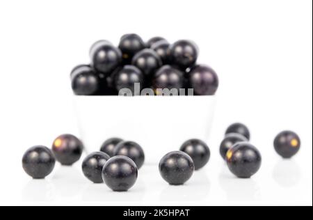 Uva Muscadine dentro e intorno A Una ciotola bianca quadrata, sfondo bianco, Noble Foto Stock