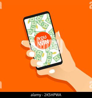 Donna tenere lo smartphone con voi vincere messaggio sullo schermo. Donna che mostra il telefono cellulare con banconote e monete d'oro in esposizione. Concetto vincente per onl Illustrazione Vettoriale