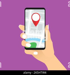 Smartphone con mano femmina con mappa e pennarello. Concetto di tracciamento GPS mobile. Donna che usa il telefono per la navigazione o per ordinare un taxi. App per la traccia della posizione Illustrazione Vettoriale
