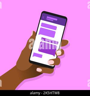 Smartphone femminile africano in mano con messaggi chat. Bolle di testo sullo schermo. Applicazione di messaggistica in linea. Donna afro-americana che usa il telefono per comm Illustrazione Vettoriale