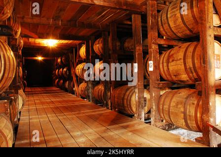 Il Kentucky Bourbon matura in botti di rovere bianco all'interno di una struttura di stoccaggio in legno presso una distilleria del Kentucky Foto Stock