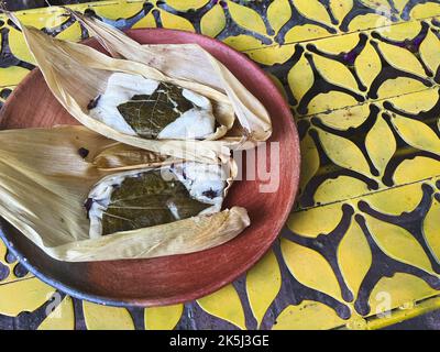 Due Tamales Oaxacan su un piatto su sfondo giallo Foto Stock