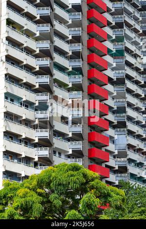 Alto edificio residenziale con balconi e piatti satellitari, Trabantenstadt Chorweiler a Colonia, Nord Reno-Westfalia, Germania Foto Stock