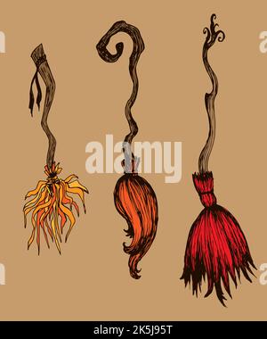 Collezione di scopa incantate colorate, modelli isolati. Elementi di Halloween per il design. Illustrazione Vettoriale