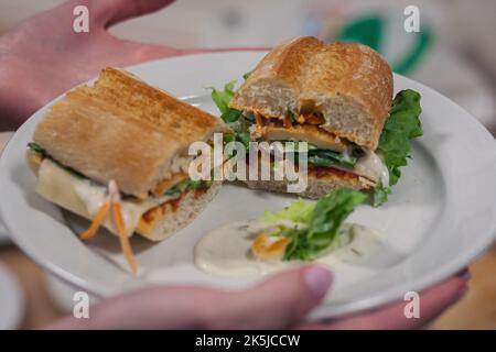 Un primo piano di una mano che tiene un piatto di panini con baguette Foto Stock