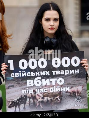 Varsavia, Polonia. 08th Ott 2022. Circa un centinaio di persone si sono radunate per sensibilizzare il pubblico sul trattamento degli animali danneggiati dal conflitto in Ucraina durante l'invasione russa a Varsavia, Polonia, il 08 ottobre 2022. (Foto di Jaap Arriens/Sipa USA) Credit: Sipa USA/Alamy Live News Foto Stock