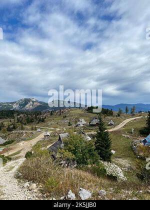 Una splendida vista verticale di un bellissimo paesaggio a Velika Planina, Slovenia con cabine sotto un cielo nuvoloso e luminoso Foto Stock