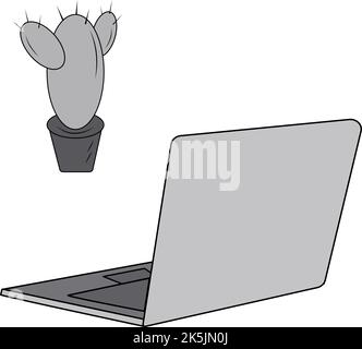 Set di computer laptop isometrici e cactus su sfondo trasparente in tonalità di grigio. Isolare. Adesivo. Icona. Adatto per striscioni, etichette, sfondi, poster, cartoline. Copyspase. Isolare. Illustrazione vettoriale Illustrazione Vettoriale