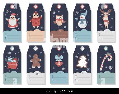 Collezione regalo di Natale tag. Etichette di carte con carino con personaggi, animali, regali di Capodanno e pan di zenzero. Modello di disegno verticale vettoriale Illustrazione Vettoriale