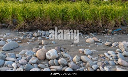 Erosione dei terreni agricoli dovuta all'inondazione nella valle del fiume Swat, Pakistan Foto Stock