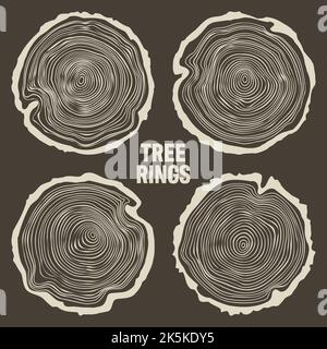 Tagli di tronco di albero tondo, segato pino o fette di quercia, legname. Legname tagliato da poco, legno. Struttura di legno marrone con anelli di albero. Schizzo disegnato a mano. Vettore Illustrazione Vettoriale