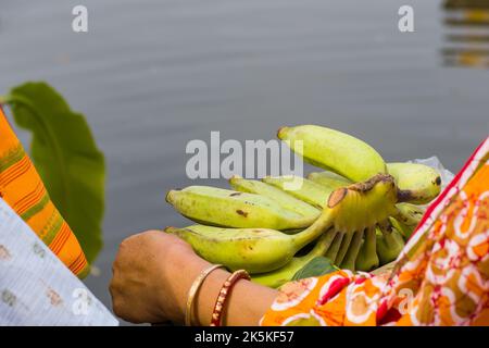 mano di bunchor delle banane che è tenuta dalla donna indiana in abbigliamento tradizionale di saree e brangles per i rituali di puja. le banane sono di colore verde chiaro. Foto Stock