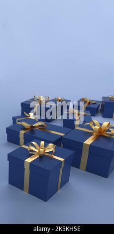 Eleganti scatole regalo con nastro d'oro e archi su sfondo blu. Concetto di Capodanno. Illustrazione 3D. Dimensioni verticali Foto Stock