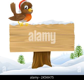 Robin Bird Santa Hat Natale Cartoon segno di legno Illustrazione Vettoriale