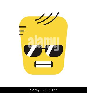 Carattere giallo quadrato freddo in occhiali colore linea icona. Mascotte di emozioni. Illustrazione Vettoriale
