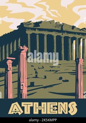 Grecia Atene Poster viaggio, colonne rovine tempio antico, antica cultura mediterranea europea e architettura Illustrazione Vettoriale