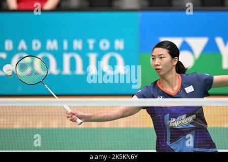 Sydney, Australia. 09th Ott 2022. Chen su Yu (Taipei cinese) visto in azione durante la partita DI FINALE femminile YONEX Sydney International 2022 contro Sung Shuo Yun (Taipei cinese). Sung Shuo Yun ha vinto la partita 17-21, 21-16, 21-14. (Foto di Luis Veniegra/SOPA Images/Sipa USA) Credit: Sipa USA/Alamy Live News Foto Stock