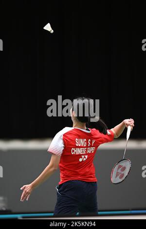 Sydney, Australia. 09th Ott 2022. Ha cantato Shuo Yun (Taipei Cinese) visto in azione durante la YONEX Sydney International 2022 Single Finals Match femminile contro Chen su Yu (Taipei Cinese). Sung Shuo Yun ha vinto la partita 17-21, 21-16, 21-14. (Foto di Luis Veniegra/SOPA Images/Sipa USA) Credit: Sipa USA/Alamy Live News Foto Stock