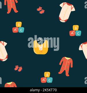 Collezione di icone di giocattoli per bambini, disegno a mano senza cuciture. Sfondo con articoli per bambini. Bambino giocattolo icona set vettore. Illustrazione decorativa, buona per Illustrazione Vettoriale