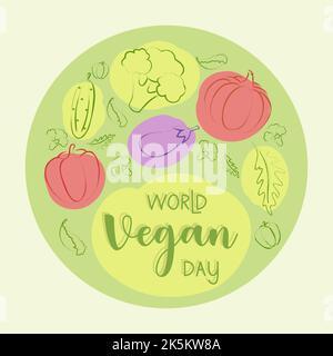 World Vegan Day Set di verdure sane bio-sane, per biglietti di auguri, poster e banner. Illustrazione vettoriale Illustrazione Vettoriale